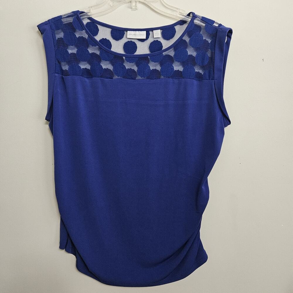 NY &Co Blue Sheer Polka Dot Pullover Top Ruched Sides Size L Can Be Maternity